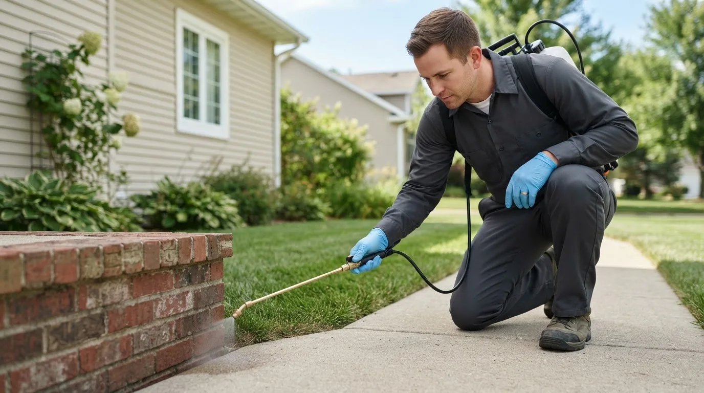 Pest control technician treating a home near North Weymouth, MA